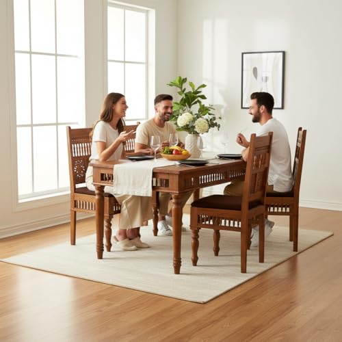 Image of APRODZ Solid Sheesham Wood Dining Table Set of 4 Seater Dinner Dinning Table with 4 Chair for Dining Furniture for Living Room Home Hotel Office Self Assembly (Honey Finish)