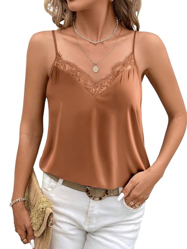 Image of Ekouaer Women's Satin Camisole Lace Silk Satin Pajama Tank Tops V Neck Soft Spaghetti Strap Loose Sleepwear Light Coffee XXXL