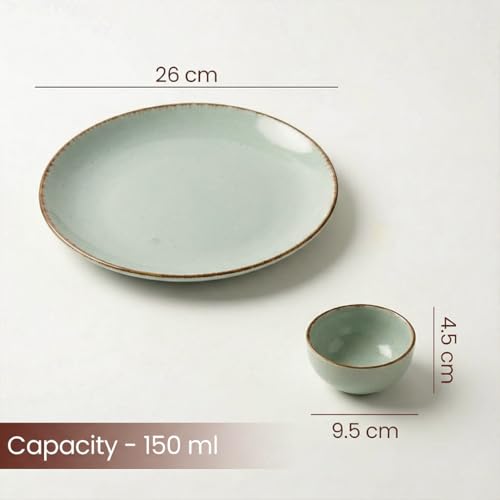 Image of The Earth Store Glossy Mint Marble Ceramic Dinner Set of 18 Pieces Serving for 6, Microwave and Dishwasher Safe Plates & Bowls for Dining, Bone-Ash Free Crockery Set for Dining and Gifting