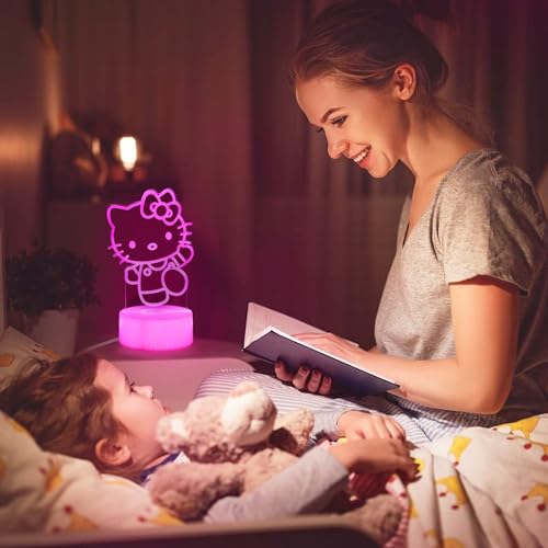 Image of sunduck Pink Kawaii Kitty 3D Night Light with Corded Control- Dreamy Girls Room Decor, Perfect Birthday /Christmas Gift for Kids, Unique Holiday Present
