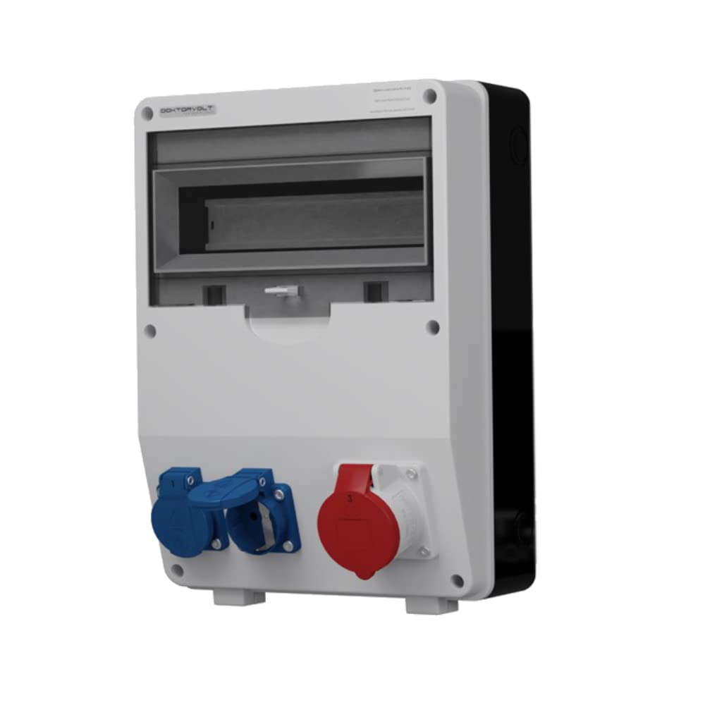 Doktorvolt Stromverteiler TD mit Mennekes Steckdosen-Kombination 2x 230V Schuko 1x 16A CEE mit Sicherheitsklappdeckeln, Baustromverteiler Wandverteiler Steckdosenverteiler komplett verdrahtet IP44