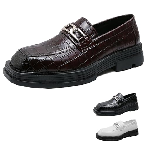 Men's Leather Crocodile Printed Square Toe Loafers with Chain Decor Retro Comfort Platform Non-Slip Slip-ON Dress Business Shoes for Work Party Causal Walking Driving Shoes