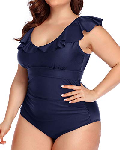 Daci Women Plus Size One Piece Swimsuits Ruffled Tummy Control Bathing Suits Dark Blue L