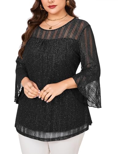 ZOMVA Women's Plus Size Ruffle 3/4 Sleeve Blouses Casual Elegant Dressy Crew Neck Double Layers Sparkly Mesh Tunic Tops