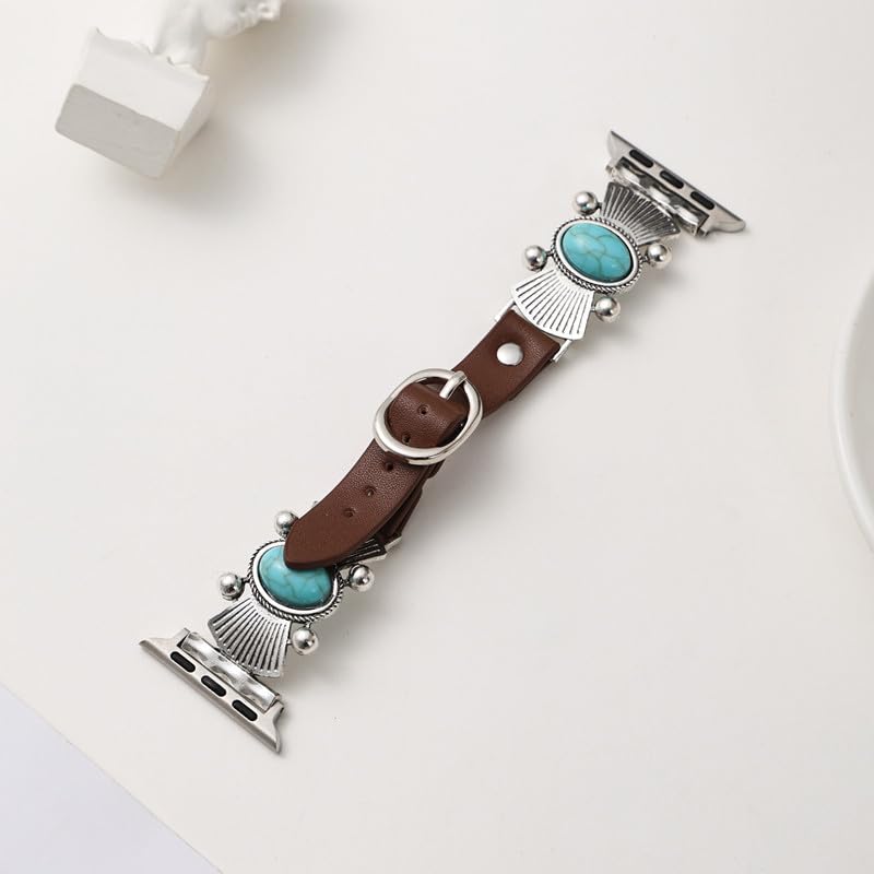 Bracelet de montre bohème vintage en cuir turquoise antique compatible avec iWatch pour homme et femme | Bijoux occidentaux cowboy chic, compatible avec Smart Watch Series Ultra 2SE