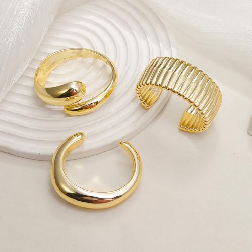 COLOYAN 3PCS Chunky Gold Cuff Bangle Bracelets For Women Teardrop Irregular Bangle Lightweigt Minimalist Open Silver Thick Gold Wrist Cuff Bracelet 5