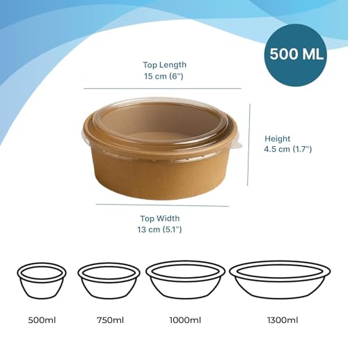 Image of Disposable Round Paper Containers with Lids | Takeout Containers for Hot /Cold Foods, Soup, Salad, Dessert, Pasta, Noodles | Microwavable, Leak-Proof Food Storage Containers- 500ml, 15 Pack