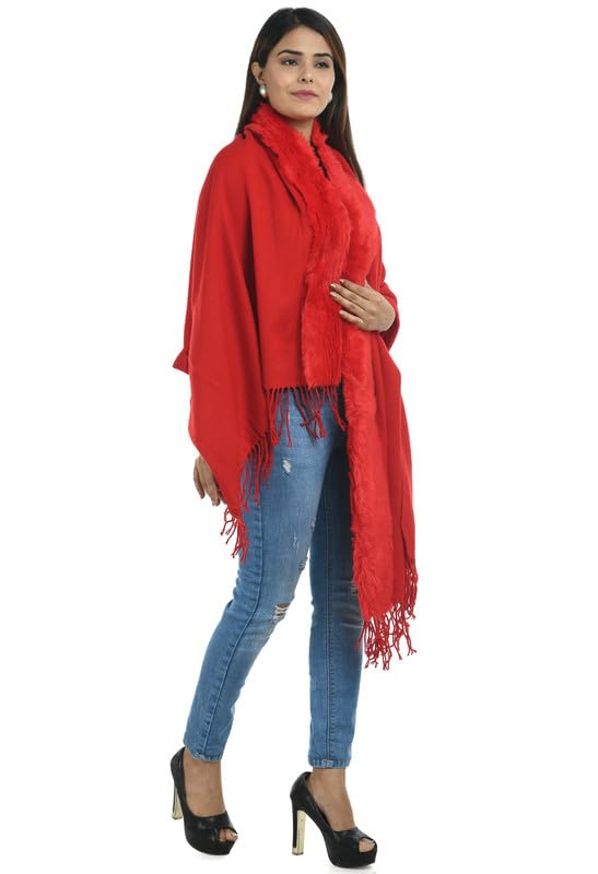 Image of Manra Women's Solid Faux Fur Border Stole Shawl Warm Wrap Cape for Winters (SC 14)
