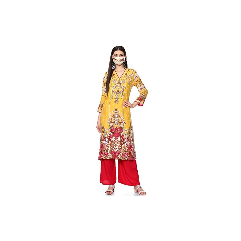 BIBA Women's Yellow Rayon Straight Printed Kurta