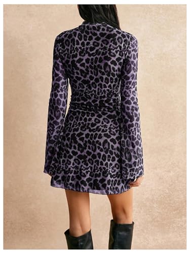 Image of BEAUDRM Women's Y2k Leopard Print Sheer Mesh Mini Dress Bell Long Sleeve Short Dresses
