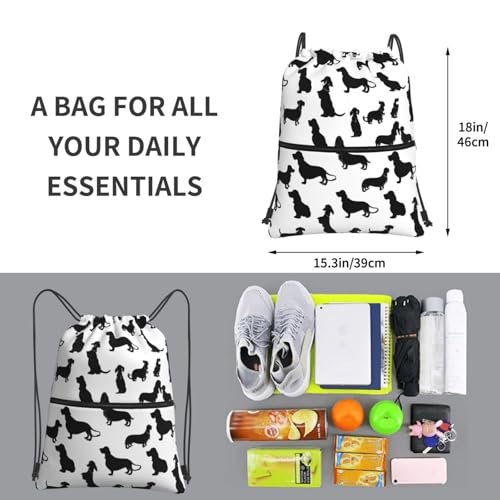 JAYWIS Black Dogs Rucksack mit Dackel-Motiv, mit Kordelzug, mit Reißverschlusstaschen, wasserabweisend, leicht, für Wandern und Fitnessstudio, verstellbare Träger, kompakt