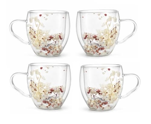 Image of IndusBay Double Wall Borosilicate Glass Mug with Faux Dried Flowers - Elegant Insulated Coffee /Tea Cup | Transparent Floral Design | 250ml | Ideal for Gifting, Home & Office, Boutique, 4 Pieces