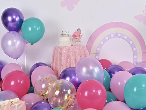 Image of HILAVO Pink and Purple Balloons, 60PCS 12Inch Purple Pink Teal Blue Balloons and Gold Birthday Balloon for Girls Princess Birthday Mermaid Baby Shower Party Decorations