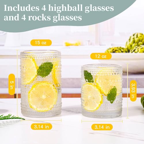 Image of Gray Hobnail Drinking Glasses Set of 8,15 oz Vintage Highball Glassess & 12 oz Cocktail Glasses,Drinkware Kitchen Glasses for Cocktail, Iced Coffee, Beer, Ice Tea, Wine, Whiskey, Water
