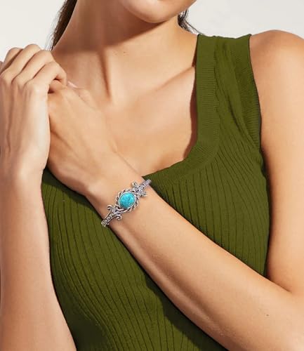 925 Sterling Silver Genuine Leaf Turquoise Bracelet Cuff for Women Adjustable Boho Style Native American Bangle Jewelry 6.5 7 7.5 Inch3
