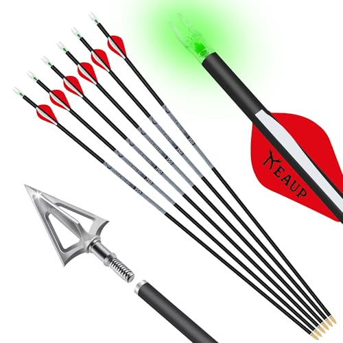 KEAUP 31 inch 100% Carbon Arrows and Broadheads .244/6.2mm Lighted Nocks Set, 6 Pack Hunting Compound Bow and Recurve Bow Shaft Spine 300/350/400/500 (Spine 350, Red)
