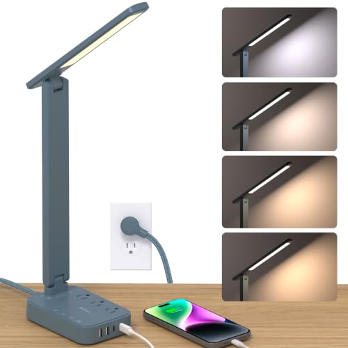 Image of Addtam LED Desk Lamp, Power Strip with 3 Outlets 4 USB Charging Ports(2 USBC), 4 Modes 5 Level Brightness Touch Lamp, Small Desk Lamp for Home Office College Dorm Room Essentials, Blue