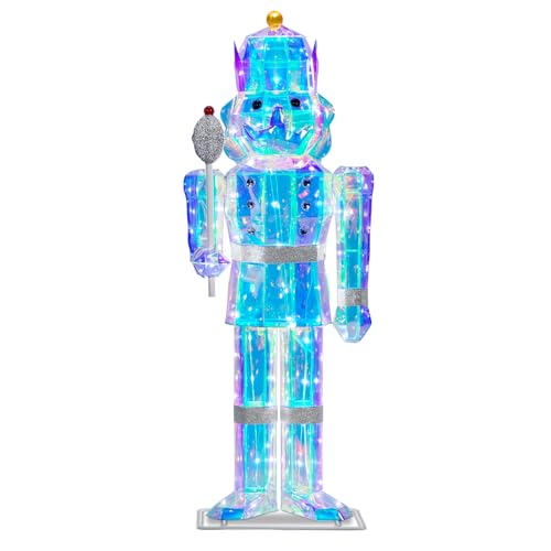 4FT Large Light-Up Giant Nutcracker Christmas Decor Prismatic Iridescent Nutcracker Outdoor Soldier with 110 LED Pre-lit Lights Plug-in Outdoor Nutcracker Decorations for Yard Porch Garden