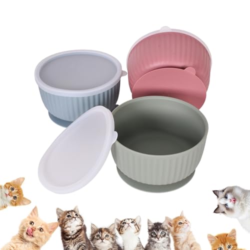 3 Stück Silikon Katzennäpfe mit Deckel, rutschfeste Saugnapf Futternäpfe Set, für Kätzchen und Kleine Hunde, Mikrowellen Spülmaschinenfest,...