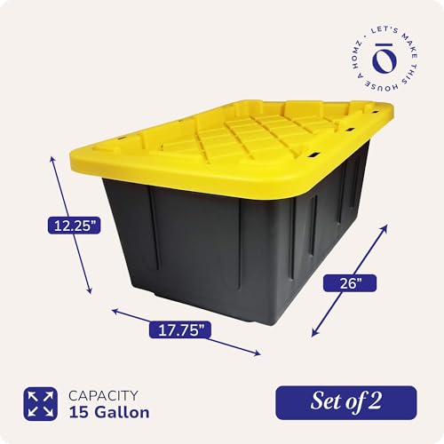 Homz Durabilt Totes, 15 Gallon, 2-Pack, Black and Yellow