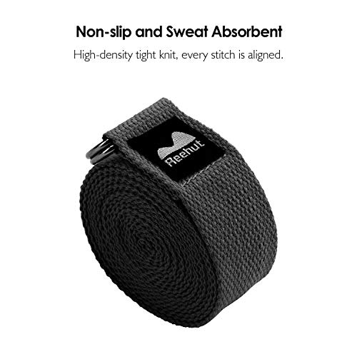 REEHUT Yoga Strap 8ft with Ebook - Durable Polyester Cotton Exercise Straps w/Adjustable D-Ring Buckle for Stretching, General Fitness, Flexibility and Physical Therapy Black