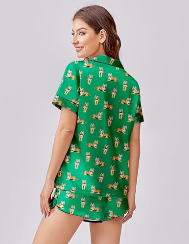 Image of Ekouaer Womens Silk Satin Pajama Set Print Short Sleeve Sleepwear Button Down Pjs Shorts Set Loungewear