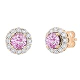 Conjunto de pendientes redondos de 5,5 mm cada uno de la colección Dazzlingrock, con gema creada en laboratorio y halo de diamantes blancos naturales, con cierre a presión, para mujer, en oro rosa.