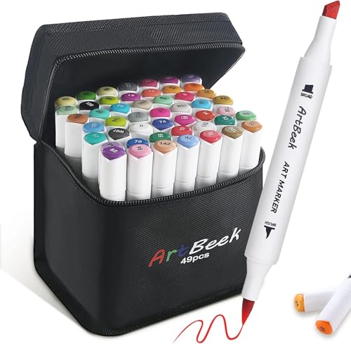 ArtBeek Alcohol Markers Brush Tip, Double Tipped Art Marker Set for Artist Adults Coloring Sketching Drawing Alcohol Based Ink, Brush Chisel Dual Tips, 48 Colors w/ 1 Blender and Case (49)