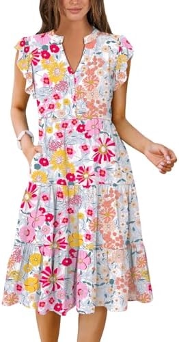 ANRABESS Womens Summer Dress Ruffle Sleeve V Neck Midi Dresses Fashion Casual Fit Flowy Tiered Boho Beach Vacation Sundress