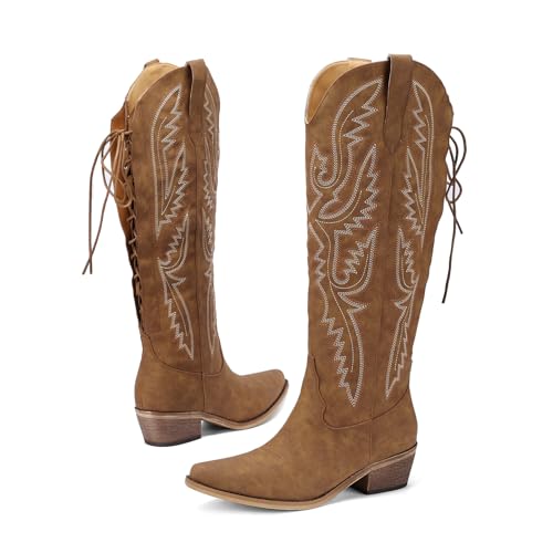 Krypthixor Brown Lace Up Cowboy Boots for Women Embroidered Wide Calf Cowgirl Boots Comfortable Chunky Heel Pointed Toe Trendy Western Shoes for Prom Music Festival Size 12 — view 5