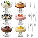Confezione da 6 ciotole in vetro da dessert, gelato, bicchieri da gelato, bicchieri da cocktail di gamberi con base con base con 6 cucchiai di fiori di ciliegio con manico lungo, per insalata e yogurt