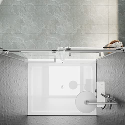 Delavin 44"-48" W X 75" H Frameless Shower Door, Double Sliding Shower Door, 5/16"(8Mm) Clear Tempered Glass, Noiseless Shatterproof Glass Shower Door With Square Rail, Stainless Steel, Aluminum #TOP7