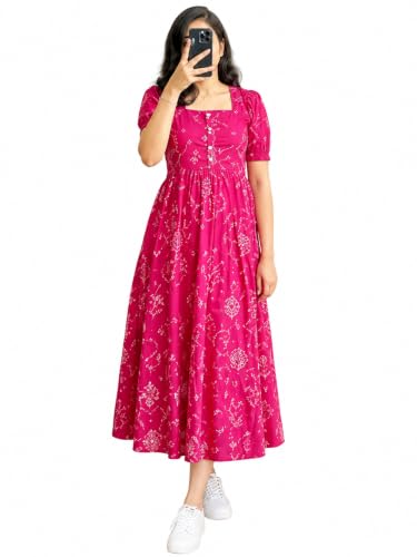 Image of Women Printed Anarkali Kurta Dress | Ethnic Cotton Blend Midi Dress for Women | Casual Festive Flared Kurti with Half Sleeves Pink