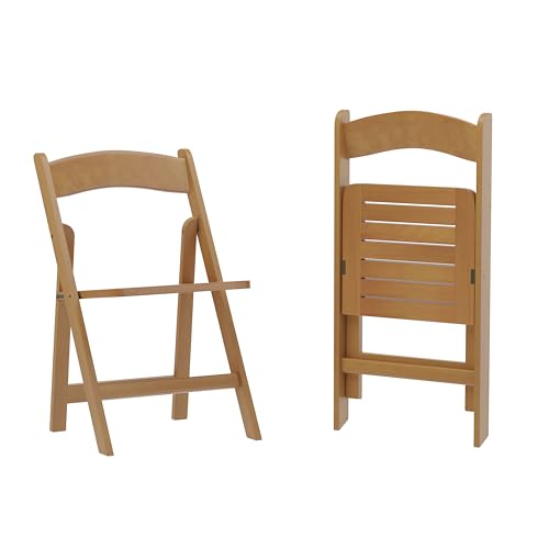 Flash Furniture Holden Commercial Solid Wood Dining Chair, Foldable Design, Solid Beechwood Frame, Curved Back, Mortise & Tenon Construction, Set of 2, Oak