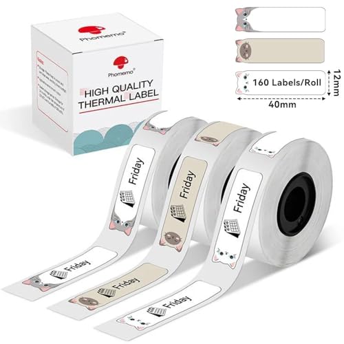 Image of Phomemo 3 Rolls D30 Label Maker Tape, Black on Cat Patterns, Vertical Label Tape, Special Shapes, Pre-Cut Self-Adhesive Stickers, Thermal Paper, Label Tag 12x40mm