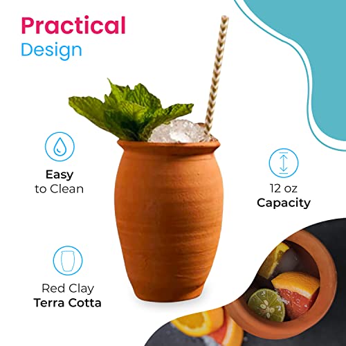 Red Clay Terra Cotta Mexican Pottery Cantaritos Cocktail Drink Cups, Traditional Authentic Cantarito De Barro Jarritos - 12 oz - Made in Mexico - Micheladas & Palomas (Set of 6)
