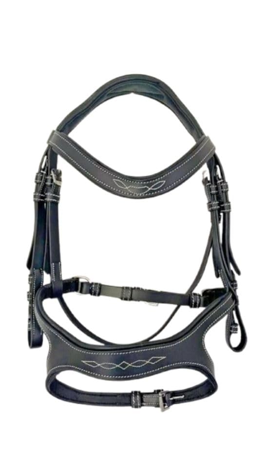 Benz Equestrian Bridle Padded Comfort Anatomical headpiece & Nosenband free rubber reins black brown full and cob horse jumping Dressage. (Black, cob/medium)