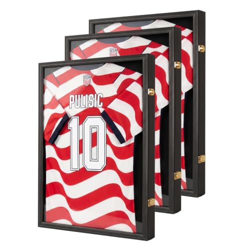 Odjaraye Jersey Frame Display Case 3 Pack Large SportsJersey Display Case Lockable Shadow Box with UVProtection for Football Baseball Basketball Hockey Soccer T-Shirt Black