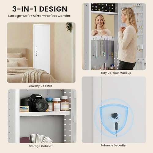 Image of Mirror Jewelry Cabinet, 47.24 inch Tall Lockable Wall Mounted Jewelry Armoire Organizer with Mirror and Magnetic Light, Christmas Gift, Jewelry Storage with Adjustable Shelves