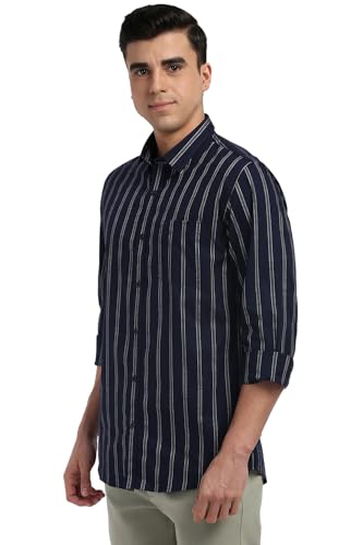 Image of Peter England Men's Cotton Slim Fit Distant Striped Casual Shirt | Full Sleeves, Office Wear