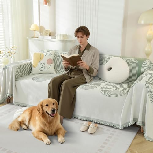 VFGFDJNDFX Funda Sofa 3 Plazas con Borlas, Reversible Fundas De Sofa Anti Gatos Antideslizante Manta Cubre Sofa Protector Foulard Sofa Antipelos Mascotas (Sege Green, 340 * 180cm)