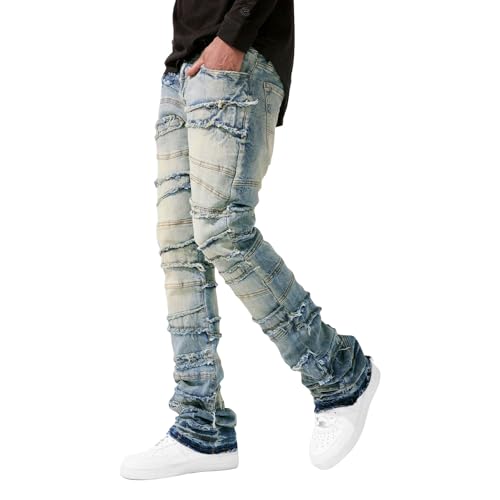 Ripped Jeans Men, Mens Stacked Jeans Retro Slim Fit Destroyed Straight Denim Pants Harajuku Hip Hop Trousers