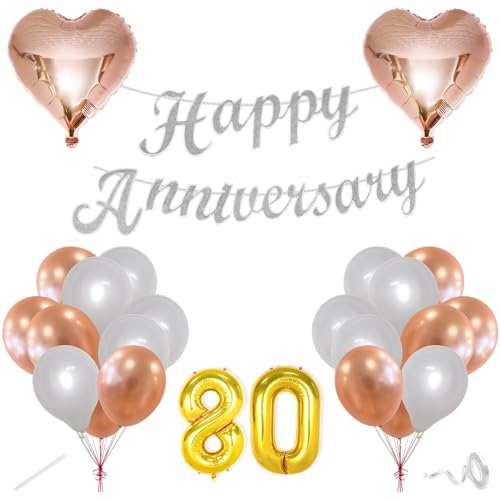Image of Flyloons 80th Happy Anniversary Decoration Items Rose Gold White for Men Women Husband Wife Mom Dad Parent Couple Home Bedroom Car With 20 Pcs Metallic Balloons Anniversary Banner 2 Pcs Heart Set Kit