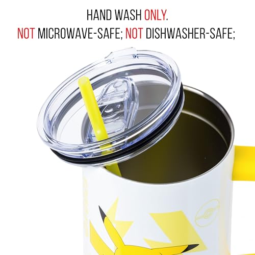 Image of Silver Buffalo Pokemon Double Walled Stainless Steel Tumbler with Handle Featuring Pikachu, Fits in Standard Cup Holder, 40 Ounces