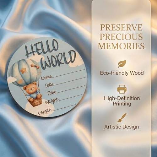 Image of Blue Bear Baby Announcement Sign, Wooden Nursery Birth Name Plaque 6in | Blue Bear & Hot Air Balloon Themed Wooden Name Sign for Newborn Announcement, Nursery Decor, Baby Shower Gifts