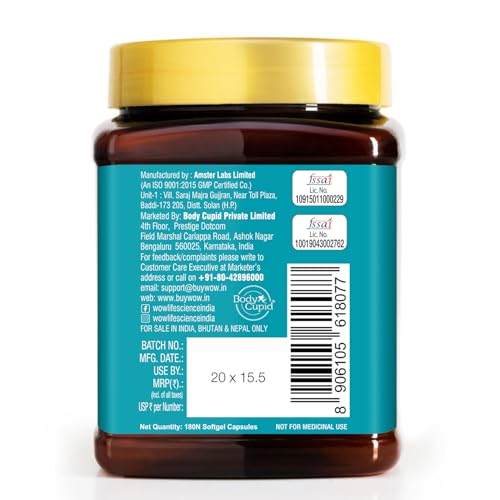 Image of WOW Life Science Omega 3 Fish Oil Capsules | Regular Strength 1500 mg with 270 mg EPA and 180 mg DHA | For Heart, Joints, Eye and Brain Health | 180 Capsules