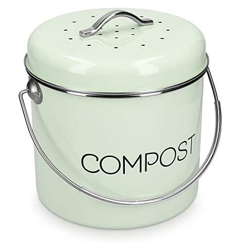 Navaris Cubo de Metal para Compost - Contenedor de Basura orgánica con Tapa y 3X Filtro - 19 x 20 CM - Compostera Vintage para la Cocina de 3 L