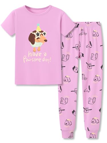 Topgal Dog Theme Pajamas for Little Girls Dachshund Cotton Short Sleeve Pant 2 Piece Comfort Kids Jammie Set Size 8