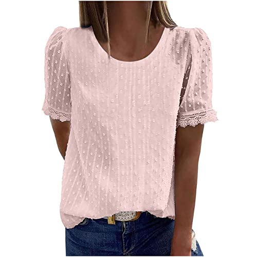 Damen Spitze Tshirt Basic Rundhals Kurzarm Tops Schlanke Passform...