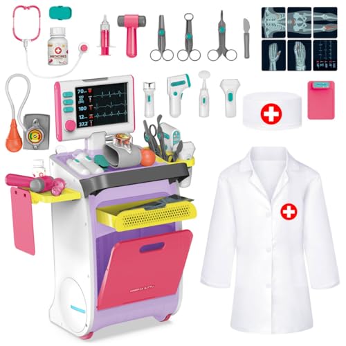 deAO Doctors Trolley Set for Kids, Pretend Play Doctor Set with Stethoscope and Medical Toy Accessories, Children Doctor Role Play Toys for 3+ Years Old Boys and Girls (Pink)